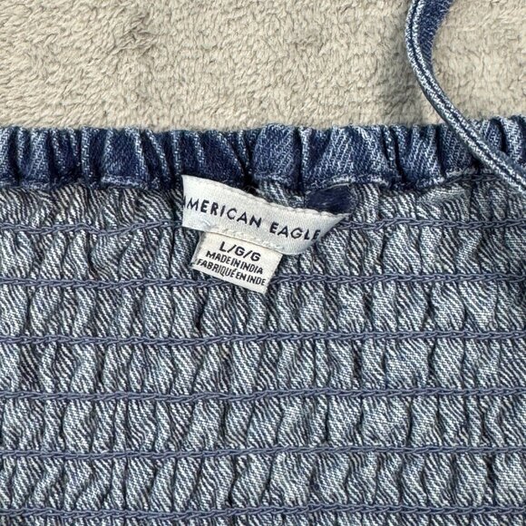 American Eagle Denim Ruffle Hem Cami Crop Top Smocked Back Y2K It-Girl Retro L - Picture 5 of 8